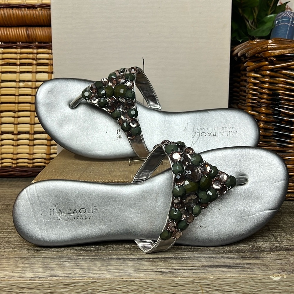 Mila Paoli Italian Bejeweled Thong Sandals Bronze Metallic Flat (Size 9.5-10)